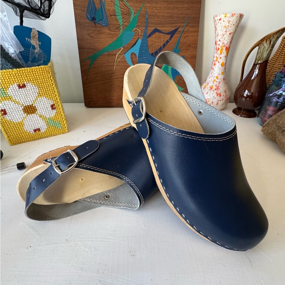 Classic Navy Leather Swedish Style Clogs with Adjustable Strap